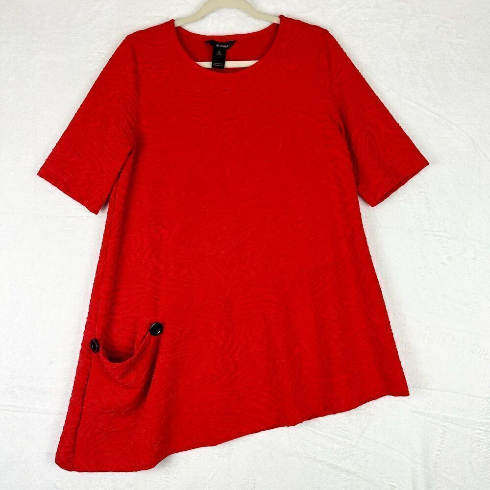Ali Miles Textured Asymmetric Top Size Medium Pocket Lagenlook Artsy Red Stretch